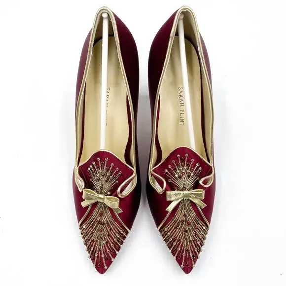 Sarah Flint Perfect Madeleine 85 Pumps Red Pointed Gold Bow Beaded Sz 41 / 10 US - Picture 3 of 11